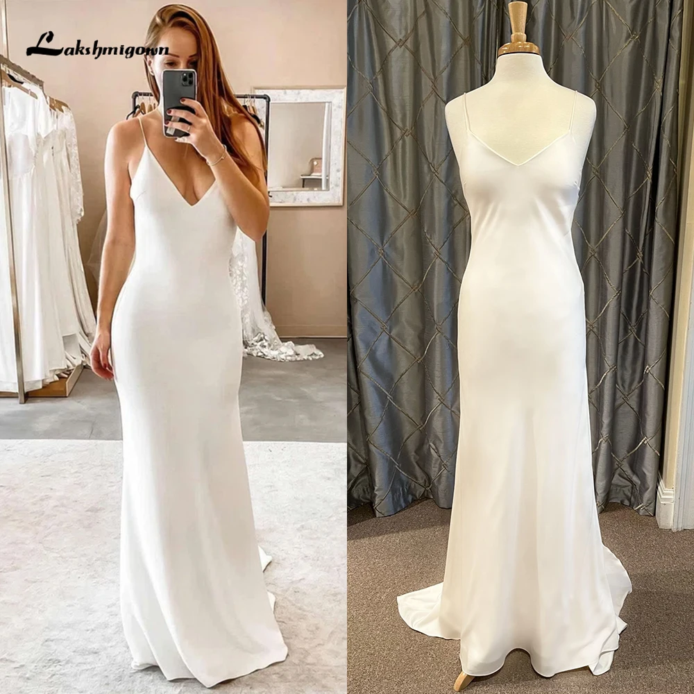 Simple Sexy V Neck Spaghetti Straps Open Back Mermaid Wedding Dress Custom For Women Bridal Gowns Sweep Robe De Mariée Vestidos