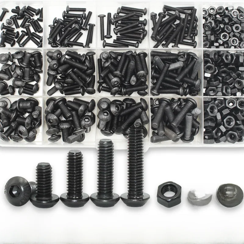 2510-teiliges Rundkopfschrauben-Set M2 M2.5 M3 M4 M5 M6 Schwarz 10.9 Güte Innensechskant-Kopfschrauben Bolzen Muttern Unterlegscheiben ISO7380