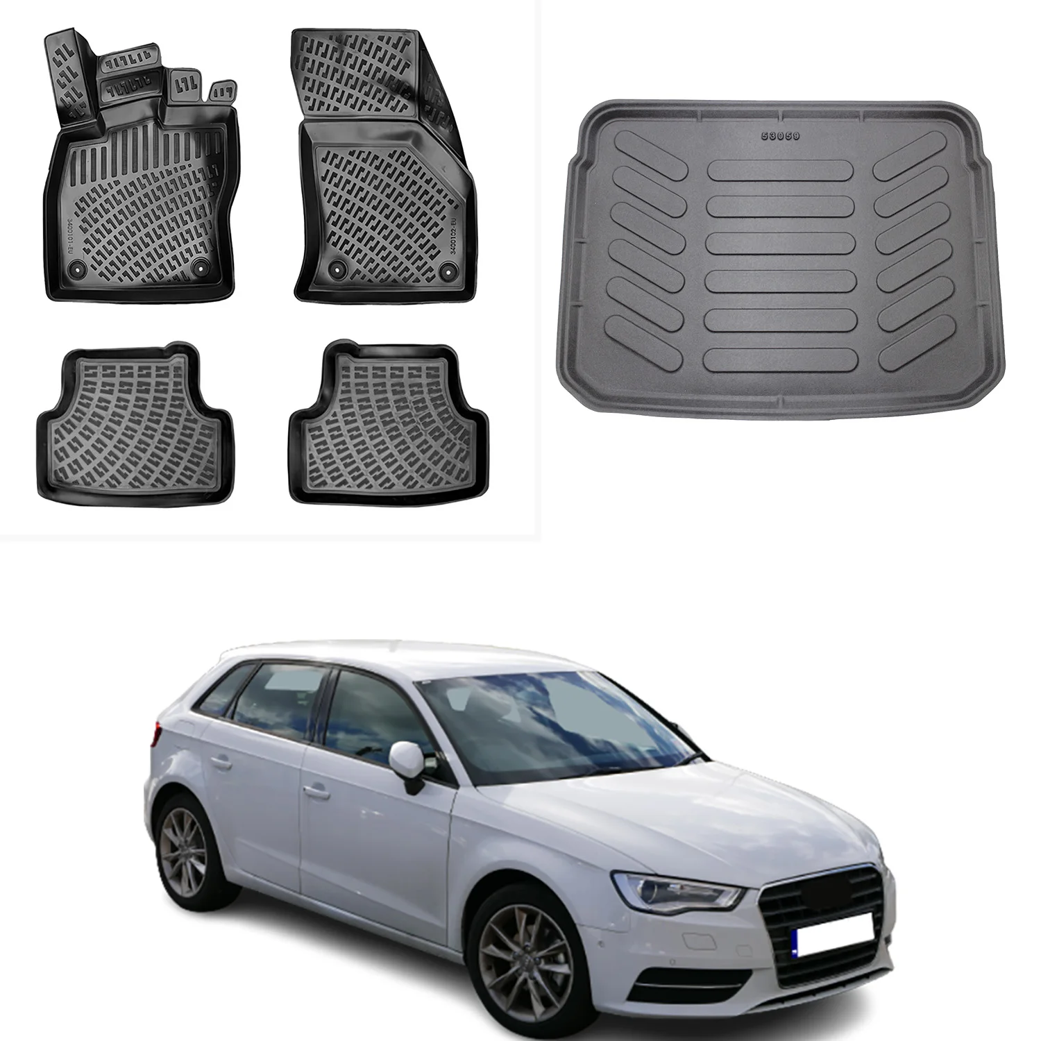 Floor Mats + Cargo Trunk Liner Fits Audi A3 2013-2020 Set - All Weather Maximum Coverage - Water Resistance