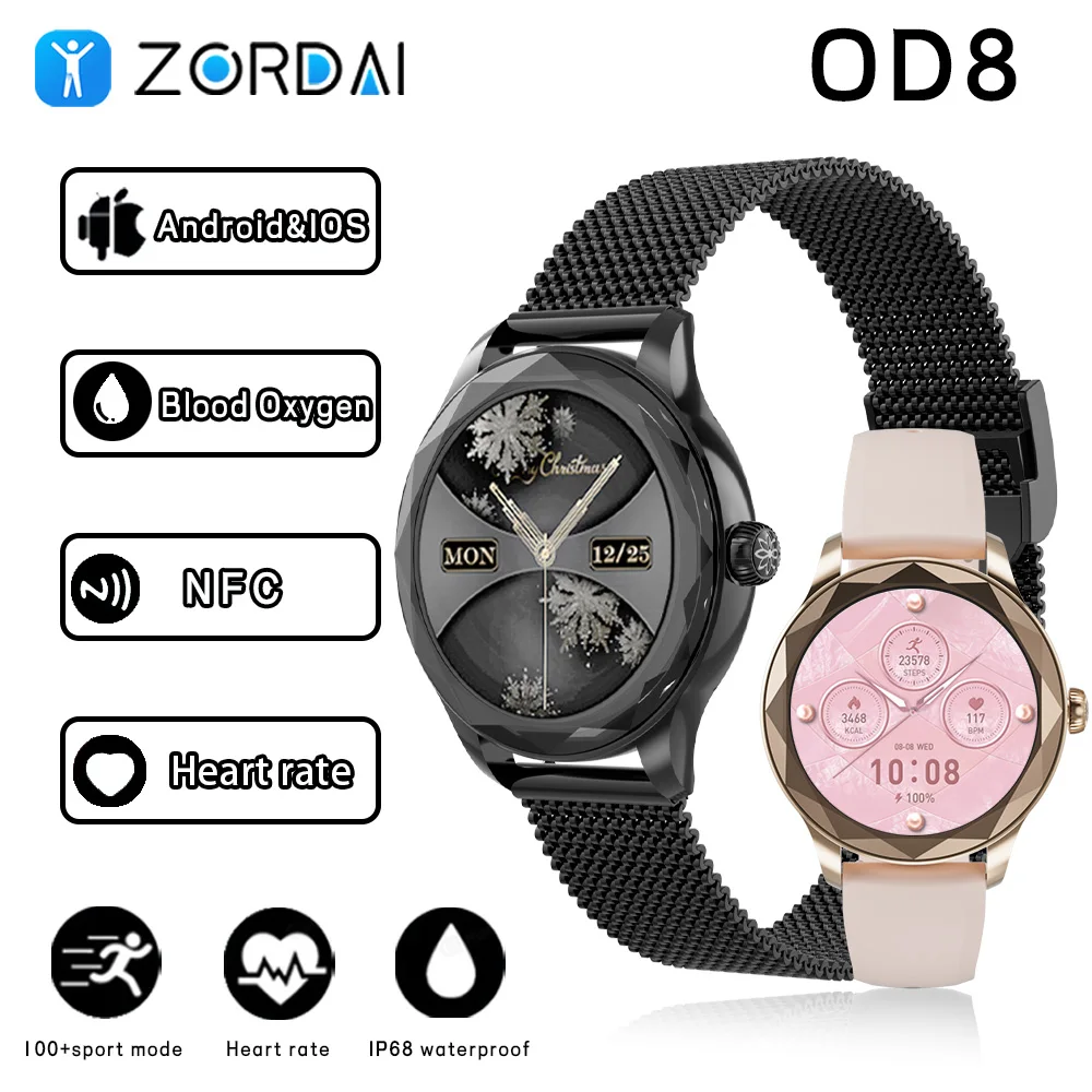 Zordai OD8 2024 New Women's Smartwatch 1.19 AMOLED Screen Bluetooth Call Health Monitoring IP68 Waterproof Fitness Smart Watches