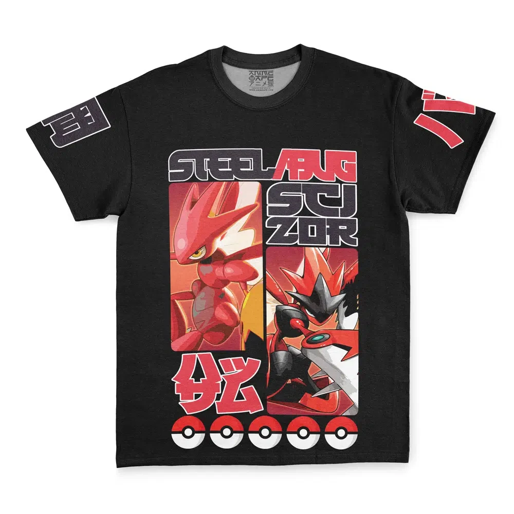 Men's Vintage Grid Anime T-Shirt, Pokemon Scizor Steel Bug Type Manga Panel Poster Print Black Casual Short Sleeve Top view 3
