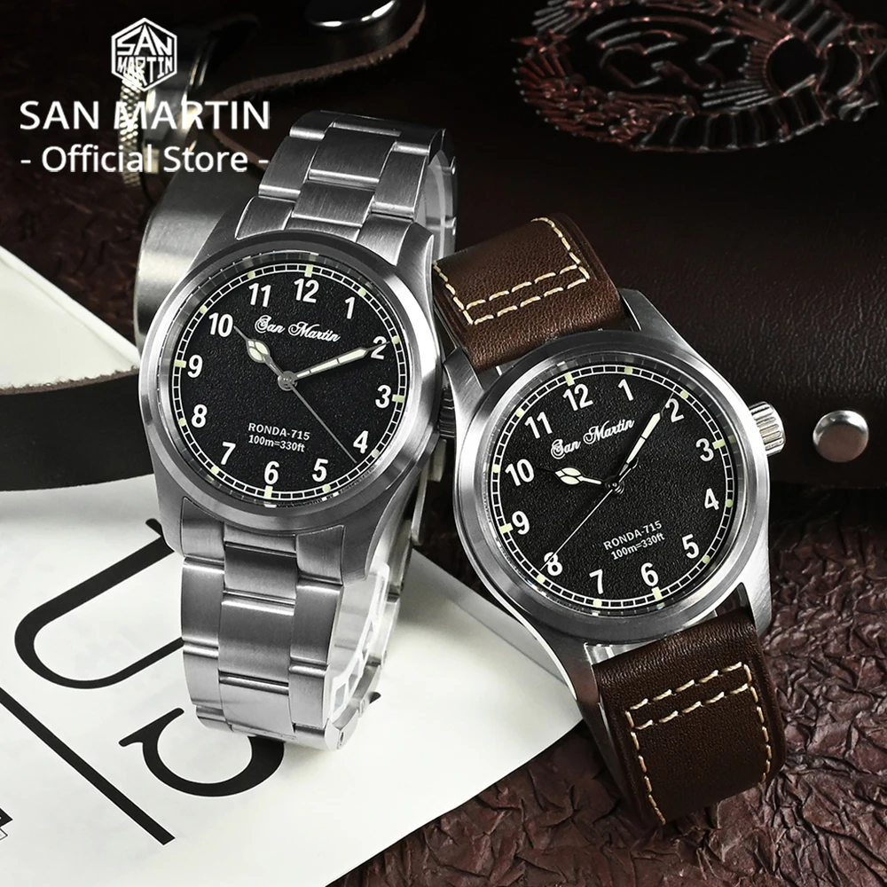 San Martin-Reloj de piloto para hombre, cronógrafo de 37mm, esfera con patrón de fuego, estilo militar Simple, movimiento de cuarzo, 10 Bar,