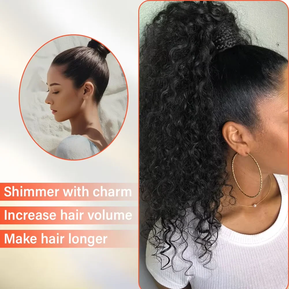 موجة عميقة الشعر البشري الرباط ذيل حصان موجة عميقة الرباط ذيل حصان # 1B أسود طبيعي للنساء وصلة شعر بشري على شكل ذيل حصان #4