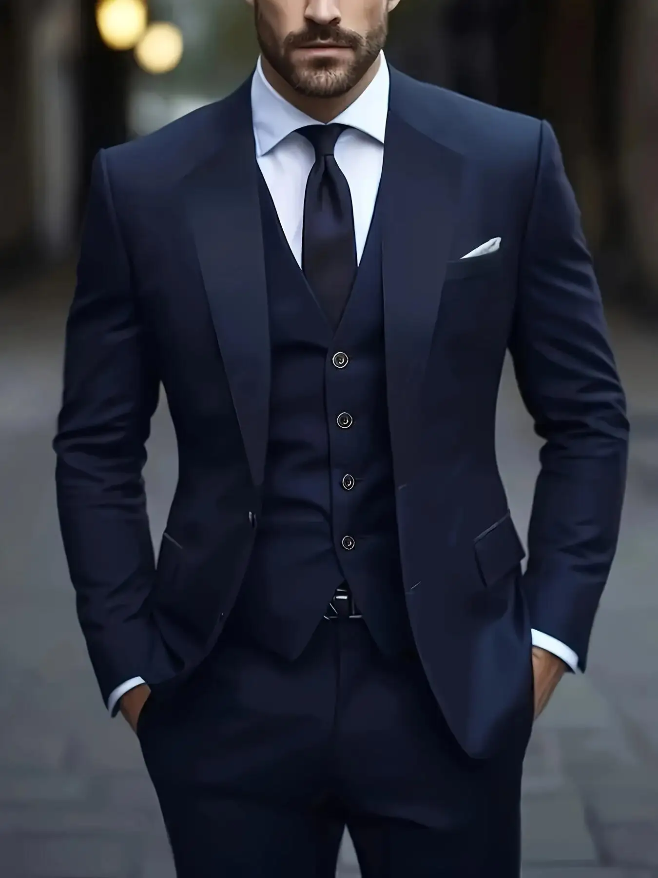 

New Navy Blue Men Suit Groom Groomsman Wedding Party Prom Business Formal Occasion Male Tuxedos 3 Piece Set Jacket Vest Pants