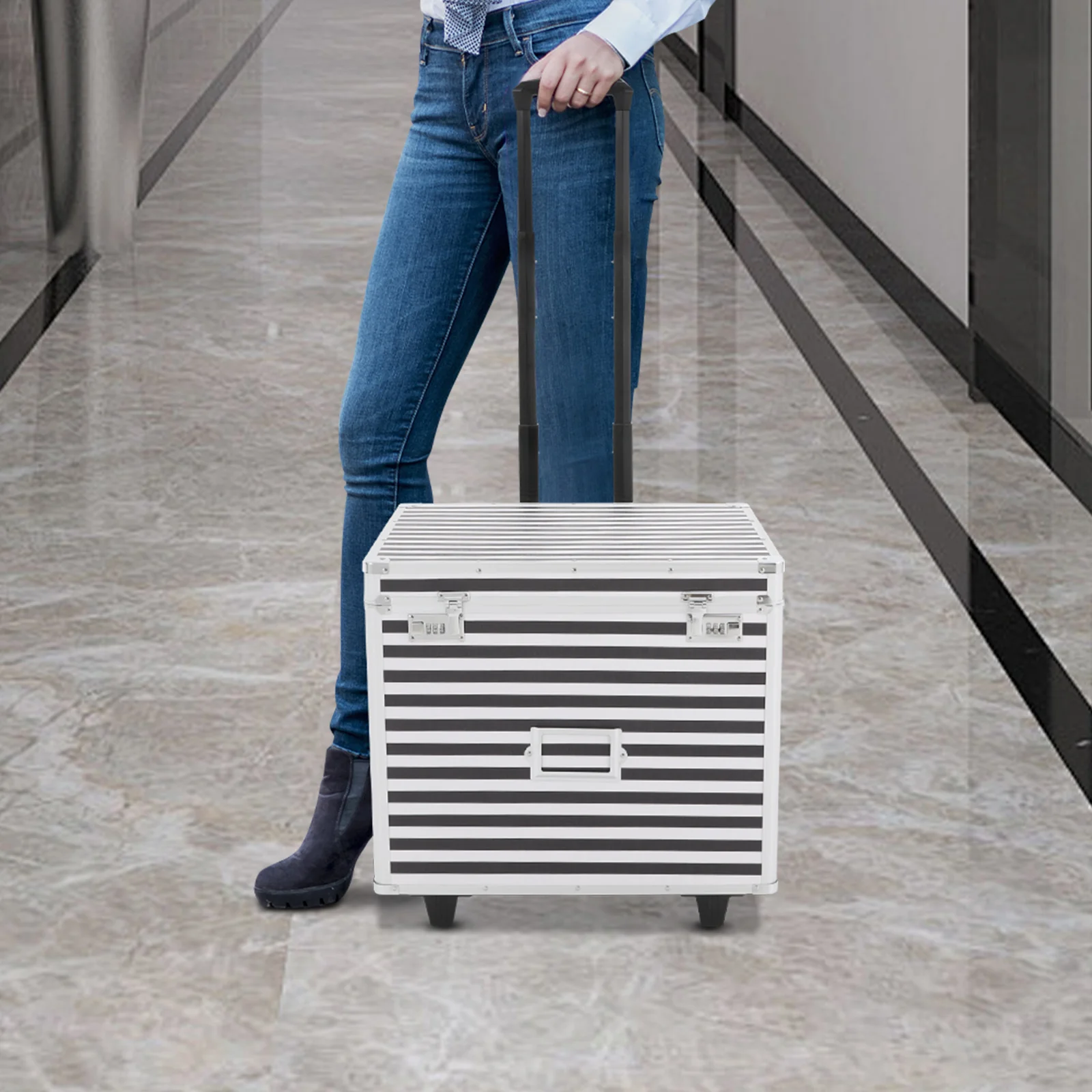 

Black+Silver Lockable Rolling File Storage Box Case W/ Telescopic Pole and Wheels For Offices, Meeting Rooms, Business Trips