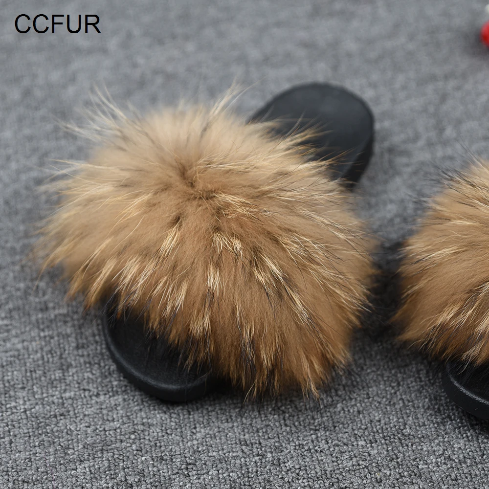 Women's Fur Slipper Real Raccoon Fur Fashion Style Furry Slides Soft Warm Big Fluffy Fur Shoes S6020E