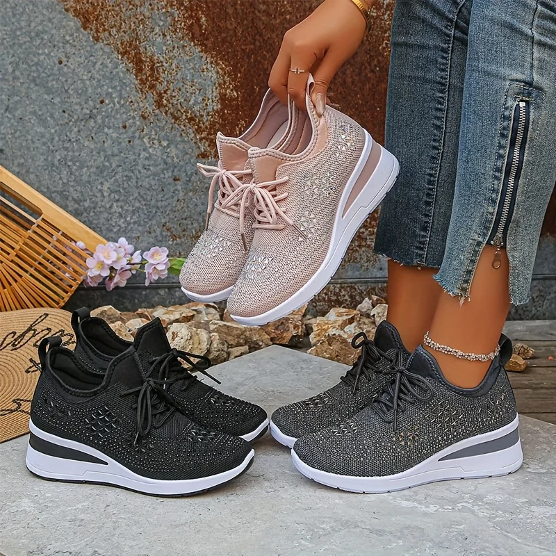 Water Diamond Thick Sole Casual Sports Women's Shoes with Flowing Fabric Surface, Breathable and Versatile Height Increasing Shoes, Non Slip and Fashionable Women's Shoes, Dameschuhe, Sneakers