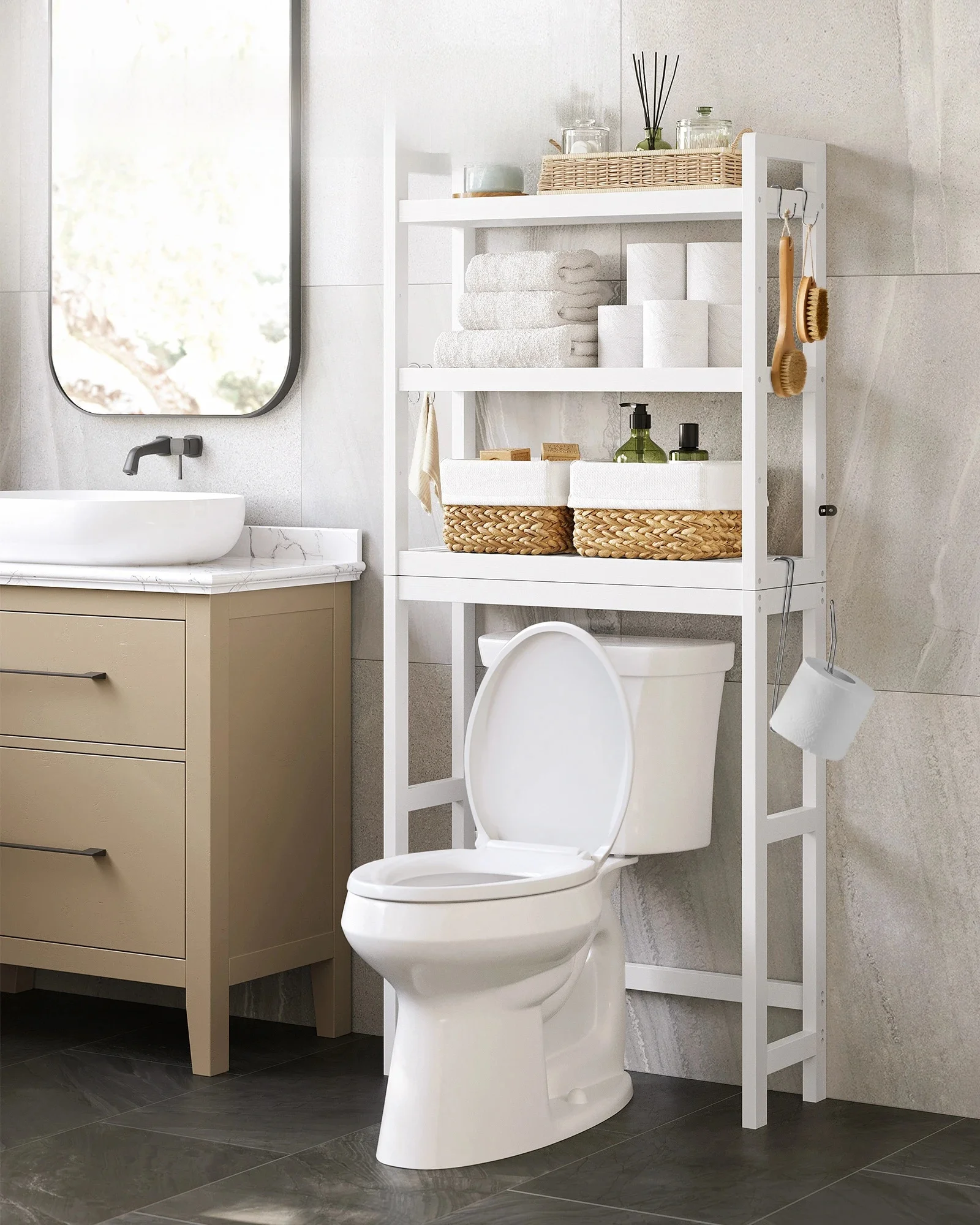 SONGMICS Badregal Badezimmerregal Toilettenregal, 3-stöckiges Badregal Bambus, verstellbar