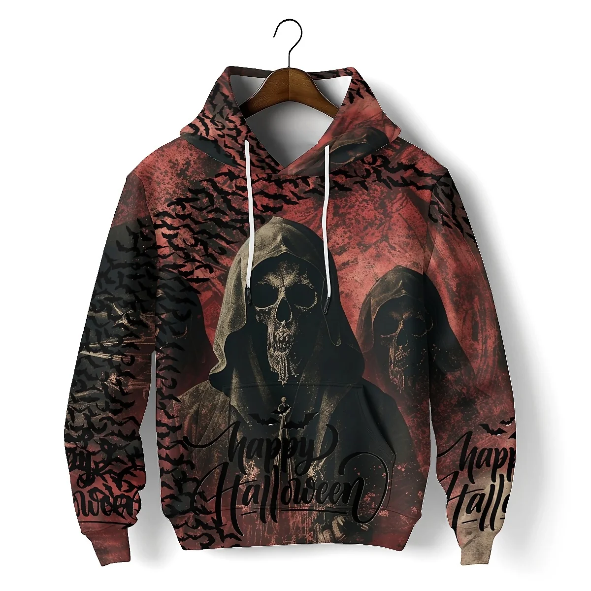 SONSPEE unisex hoodie with long sleeves and a 3D frightening skull graphic. Combines street style with a chilling autumn design.