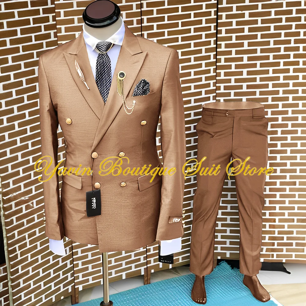 Formal Men's Suit Double-breasted Jacket Pants 2-pieces Set Groom's Wedding Tuxedo Business Gold Button Man Blazer