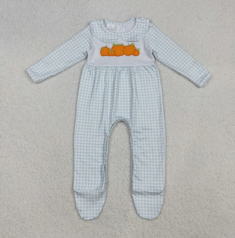 

Baby kids LR2560 Pumpkin Embroidery Blue Plaid Print Baby Fall Footed Romper