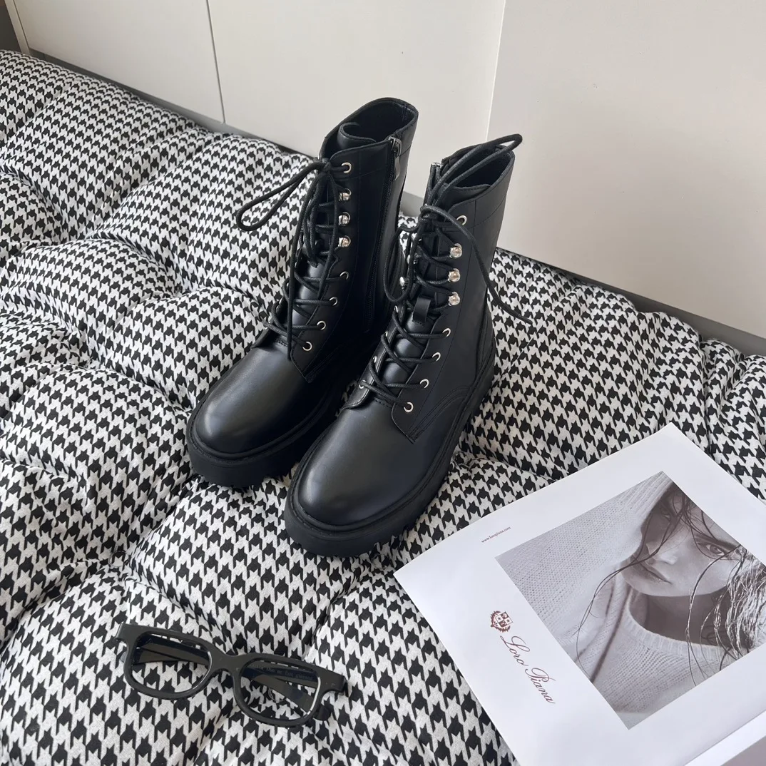 

2025 Autumn Winter Women's Genuine Cow Leather Platform Combat Boots Lace-Up Zipper Ankle Boots Fashion Chunky Sole Boot