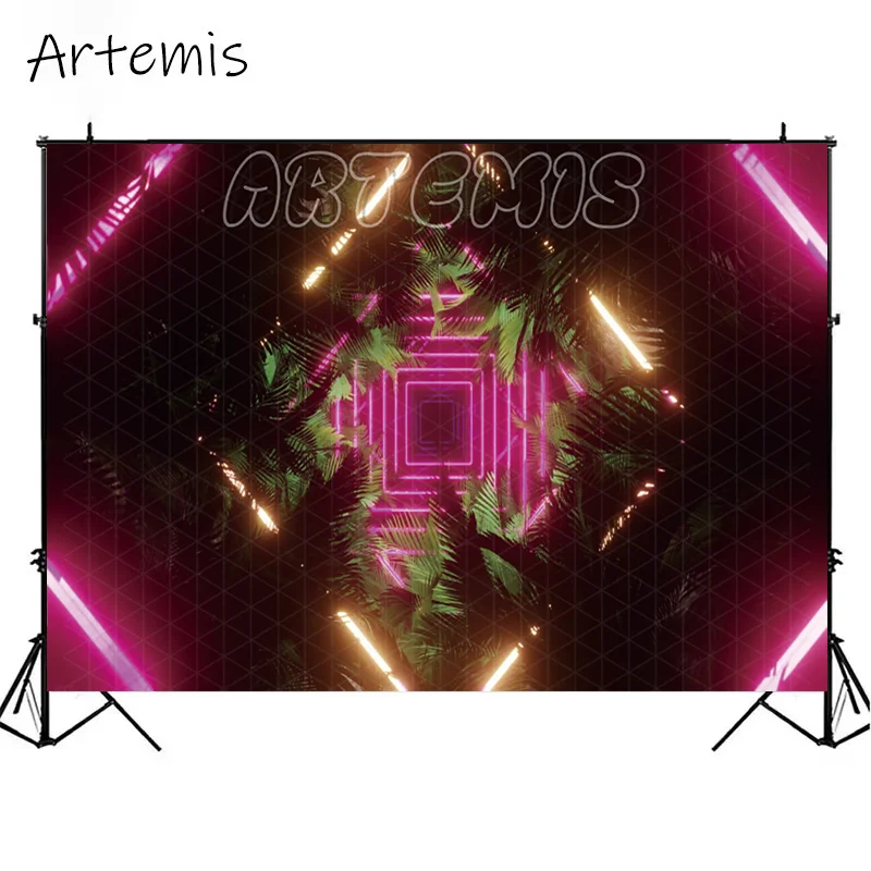 Pink Neon Lamp Palm Trees Photography Backdrop Geometric Shapes Hip Hop Style Baby Birthday Portrait Background Photo Studio