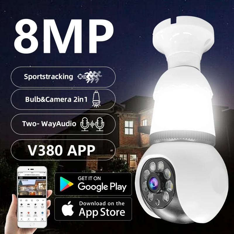 8MP LED Bulb Camera Wifi Surveillance Cameras Wireless CCTV PTZ Smart Security Tracking Two-way Audio Night Vision 10X Zoom Cam