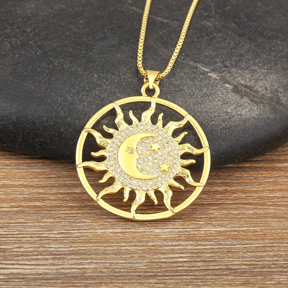 AIBEF Vintage Luxury Sun Shape Pendant Women Exquisite Necklace Copper Zircon Inlay Crystal Jewelry Anniversary Gift Daily Wear