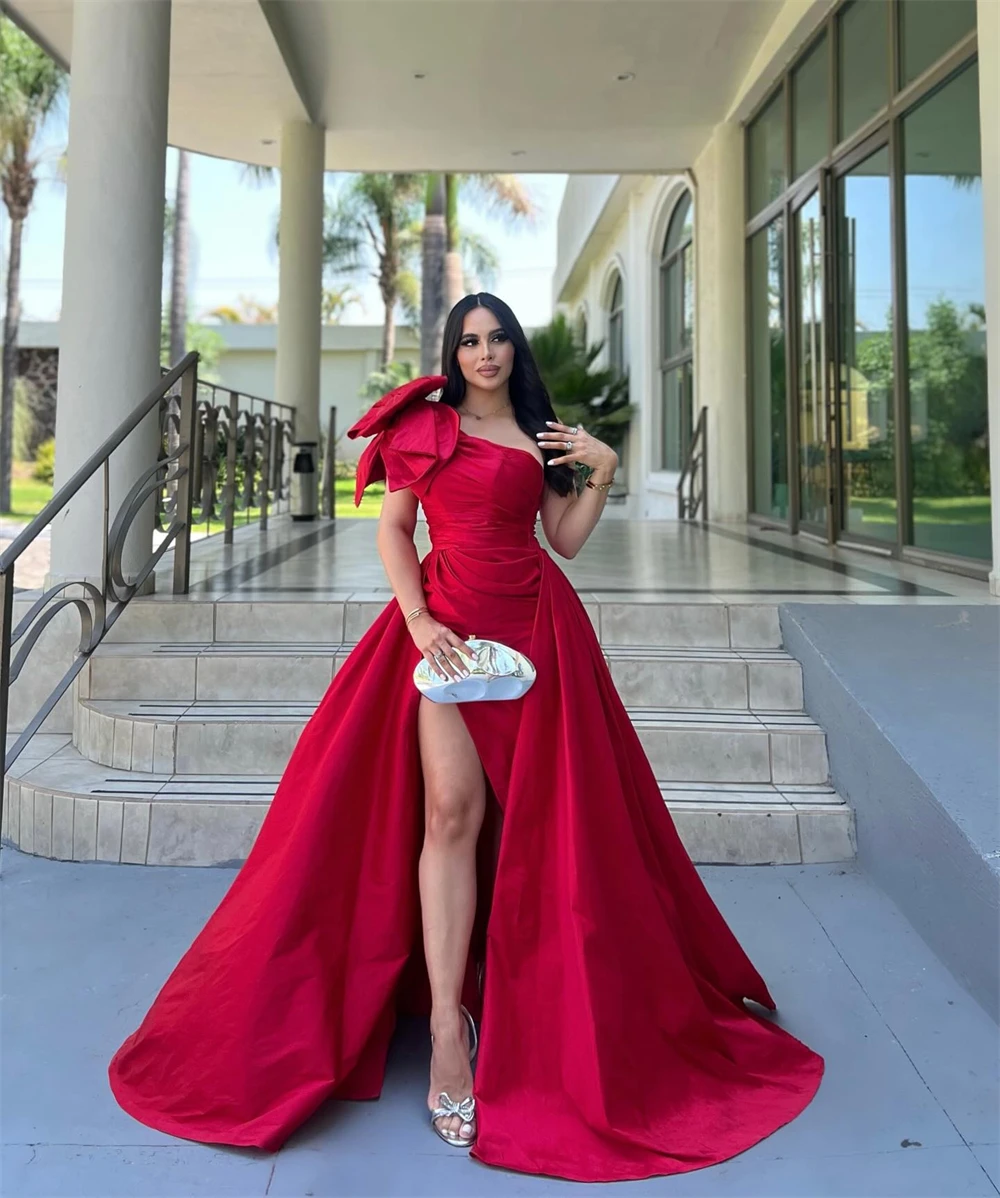 Sansa Aangepaste Rode Strik A-lijn Plooien Zijsplit Corset Galajurken Mouwloos Vestidos De Noche Vloerlengte Formele avond