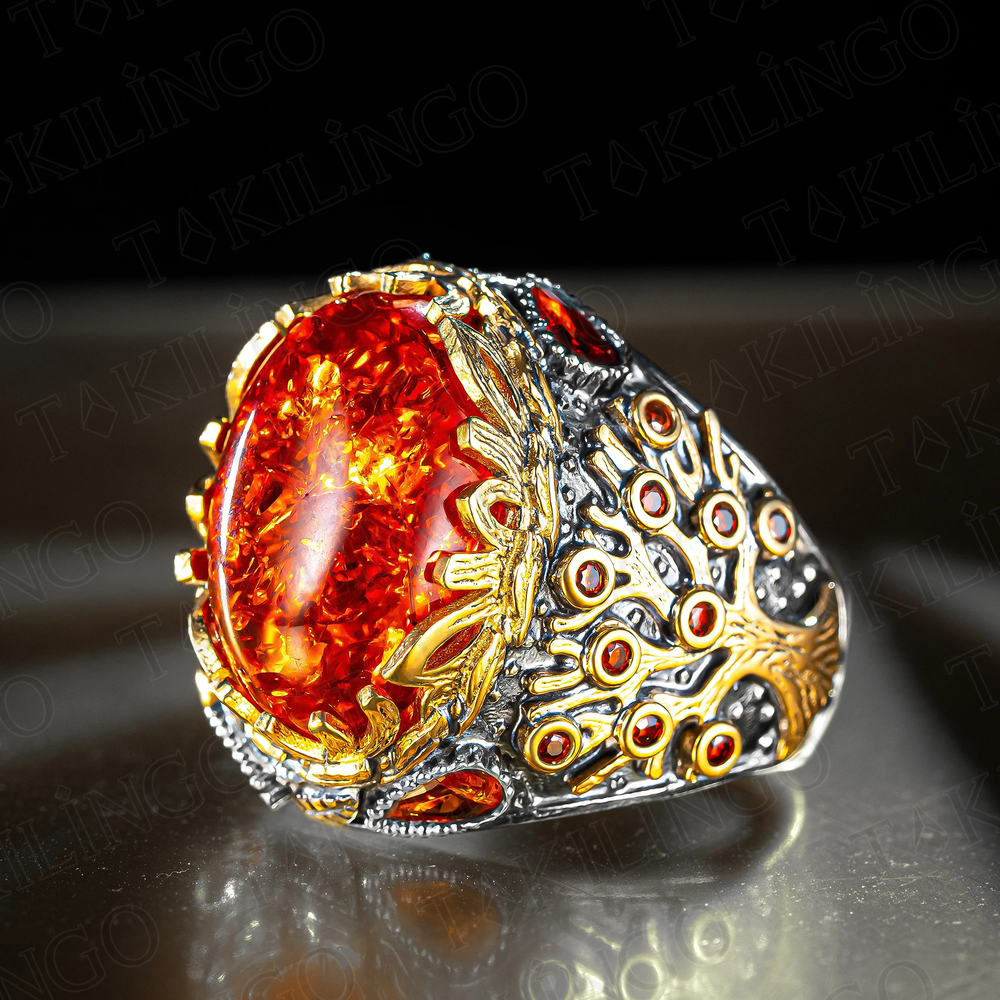 925 Sterling Silver Oval Baltic Amber Stone Men's Ring Tree of Life Oval Zircon Signet Ring