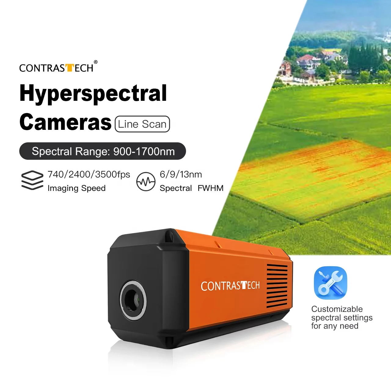 900-1700nm SWIR Hyperspectral Camera 3500fps 13nm FWHM 640p 25μm Slit Width CameraLink for Nuts Sorting Detection CONTRASTECH
