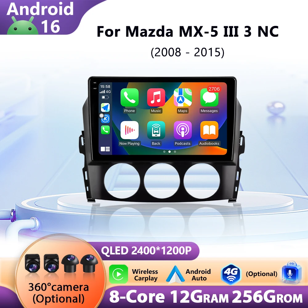CarPlay اللاسلكي لمازدا MX-5 III 3 NC 2008-2015 Android16 راديو السيارة الوسائط المتعددة مشغل فيديو 4G واي فاي الملاحة لتحديد المواقع DSP ستيريو #1