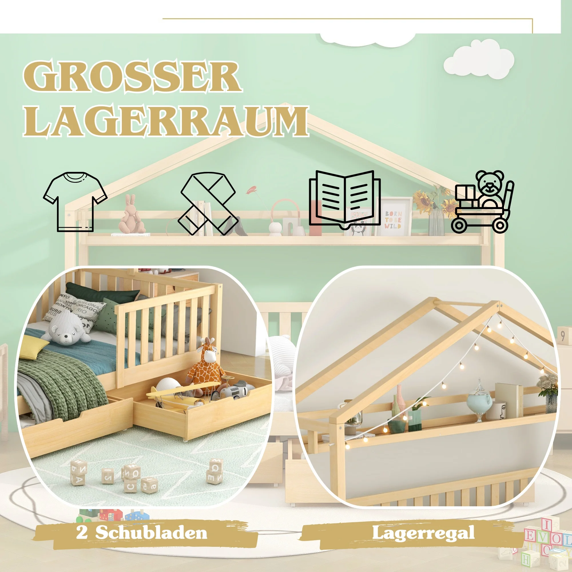 Litenfant 90x200 cm - Lit cabane avec 2 tiroirs de rangement, sommier en bois inclus, sans matelas - Naturel