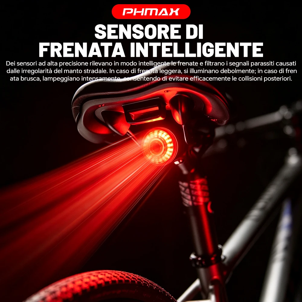 PHMAX, luce posteriore intelligente per bicicletta, luce posteriore per bicicletta con sensore di frenata automatica, 6 modalità di illuminazione, impermeabile IP66, luce posteriore di segnalazione