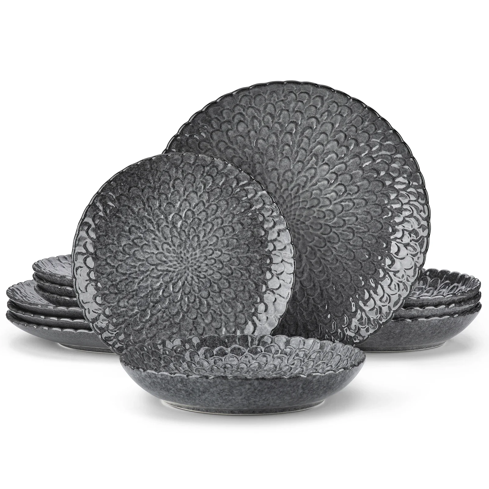 Vancasso Chrys Grijs Servies Ceramic 12/24 Stuk Steengoed Servies Getextureerde Keramische Combinatie Set Service Voor 6/12 Persoon - afbeelding 2