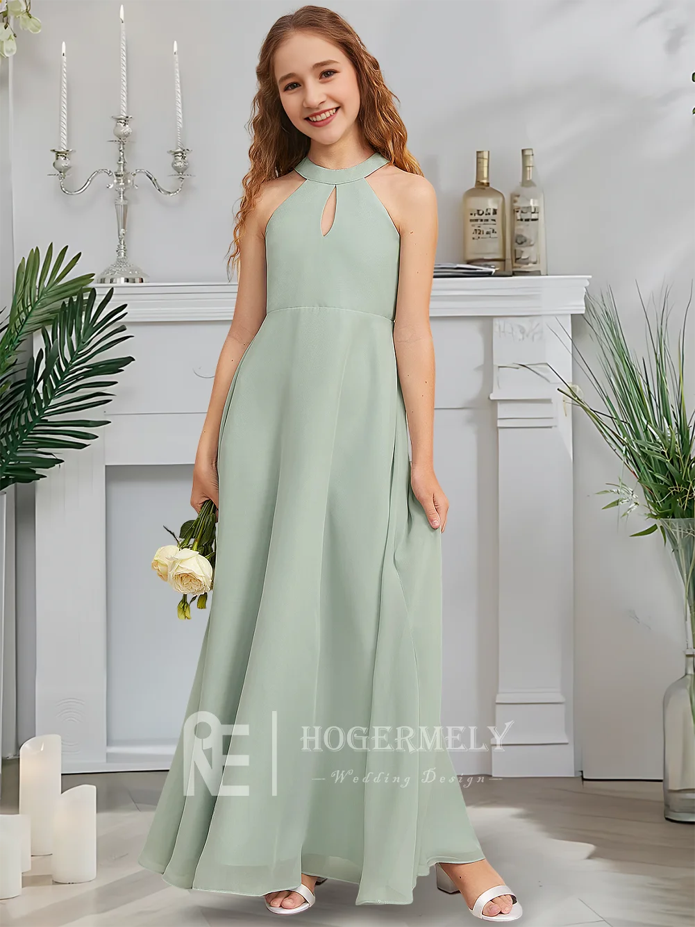 Designer A-Line จูเนียร์ชุดเจ้าสาว Sage Bloom ดอกไม้สาวชุด Halter ความยาวชั้นชีฟอง Garden Gala Dance งานแต่งงาน