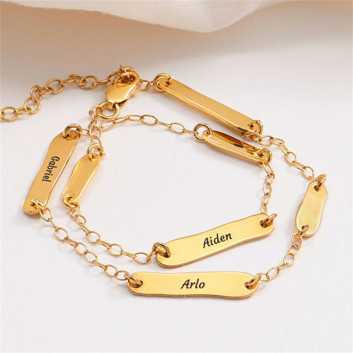Custom Bracelet-Rectangular Link Chain Engraved Names Charm Pendants Nameplate Anklet Personalized Couple Women Gift Jewelry