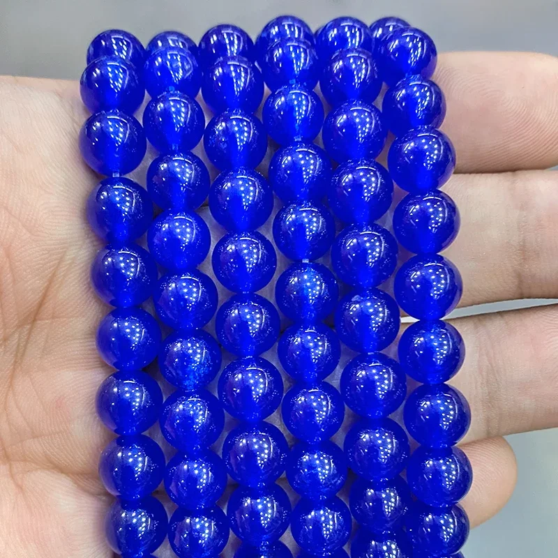 Gładki kamień naturalny Ciemnoniebieski Chalcedon Jadeit Okrągłe koraliki do tworzenia biżuterii DIY Bransoletka Naszyjnik 15 "Strang 4 6 8 10 12 14MM — zdjęcie 2