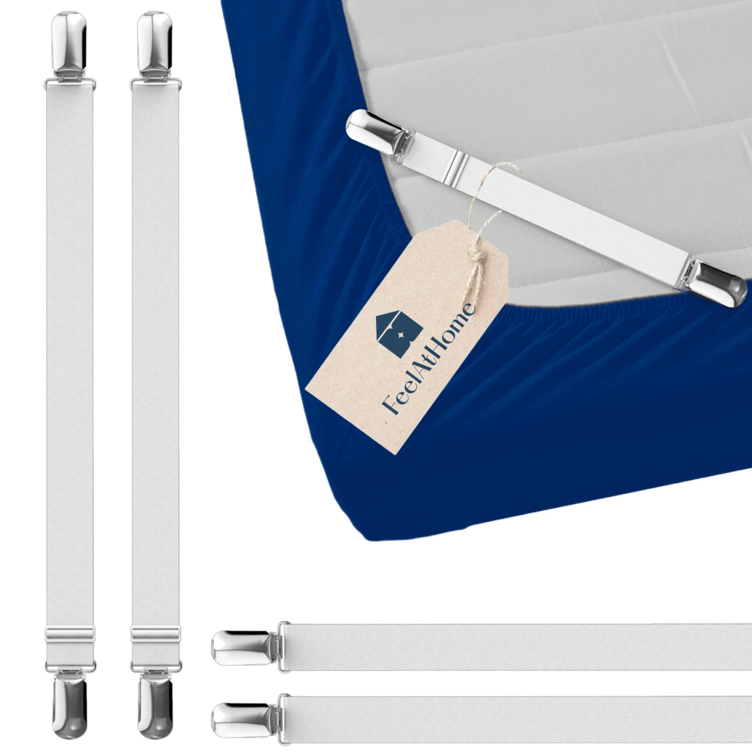 FeelAtHome 4Pcs Adjustable Bed Sheet Straps 8.3-13in Elastic Fitted Sheet Fasteners with Metal Clips White