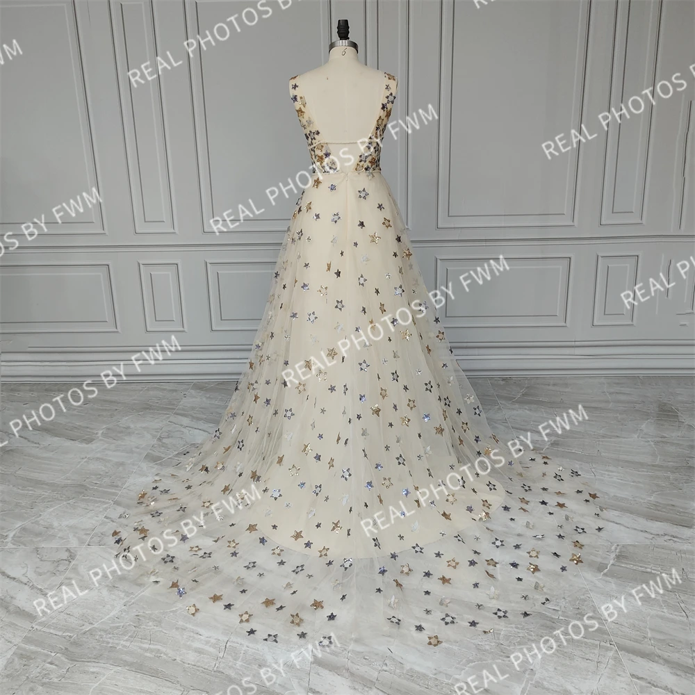 15277# 100% Real Photos V-Neck Shiny Stars Tulle A-line Wedding Gown For Woman Low Back Seqined Lace Prom Party Evening Dress