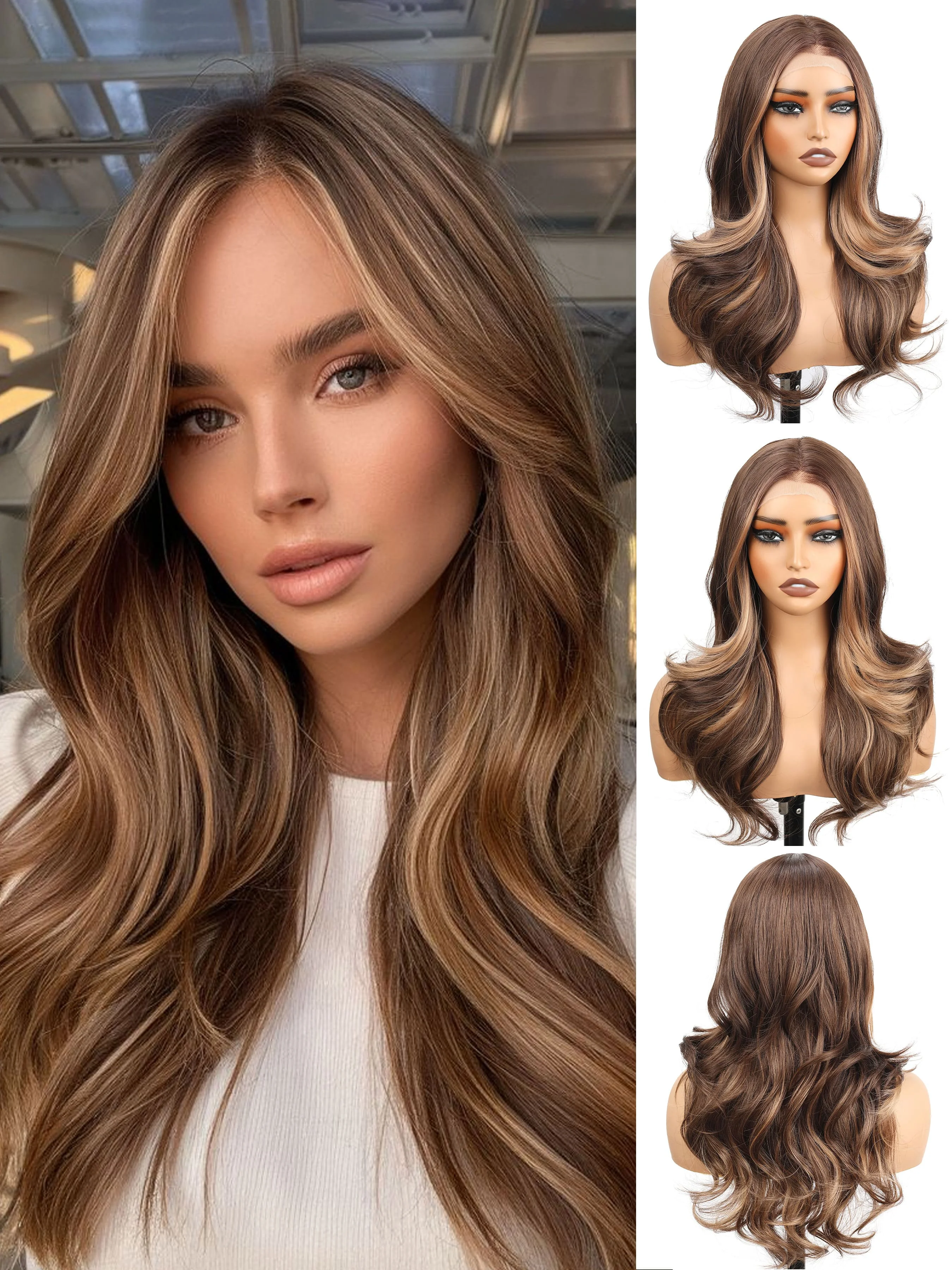 

Синтетический парик медово-русого цвета с волнистыми прядями, 13x4, с кружевной передней частью, предварительно прорезанный, без клея, женский размер - 24 дюйма.