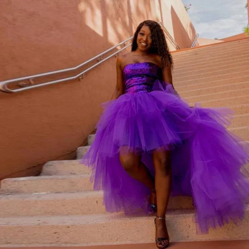 Moda wysoki niski spódnica z tiulu fioletowy bufiasty Hi niski Tutu spódnica Party warstwowe kobiety asymetryczna długa spódnica na bal Custom Made — zdjęcie 2