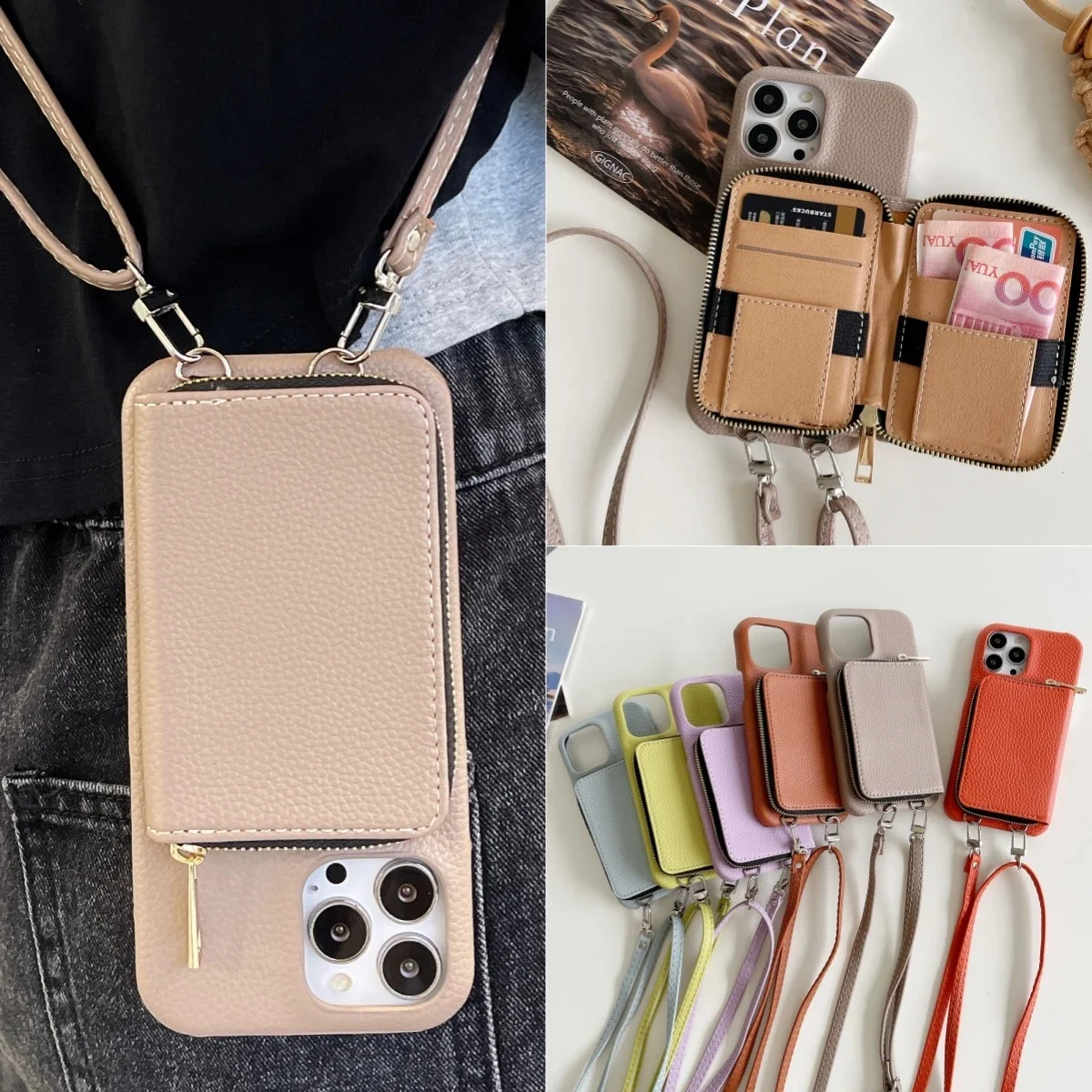 Etui na telefon z portfelem, wykonane ze skóry ekologicznej, do iPhone 18, 17 Air, 16 E, 15, 14, 13, 12 Pro Max Plus, z paskiem do noszenia na krzyż, miejscem na karty i funkcją portfela, tylna obudowa. — zdjęcie produktu 7