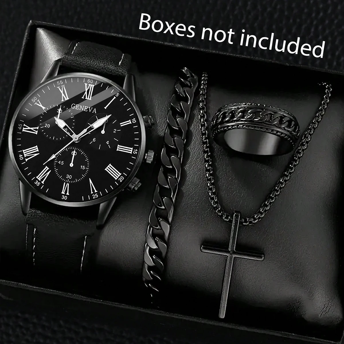 4-Piece Set, Men's Casual Simple Leather Strap Quartz Watch with Bracelet, Cross Pendant Necklace, and Ring Set, Suitable for Various Occasions, Daily Wear, Business, Men's Wristwatch.