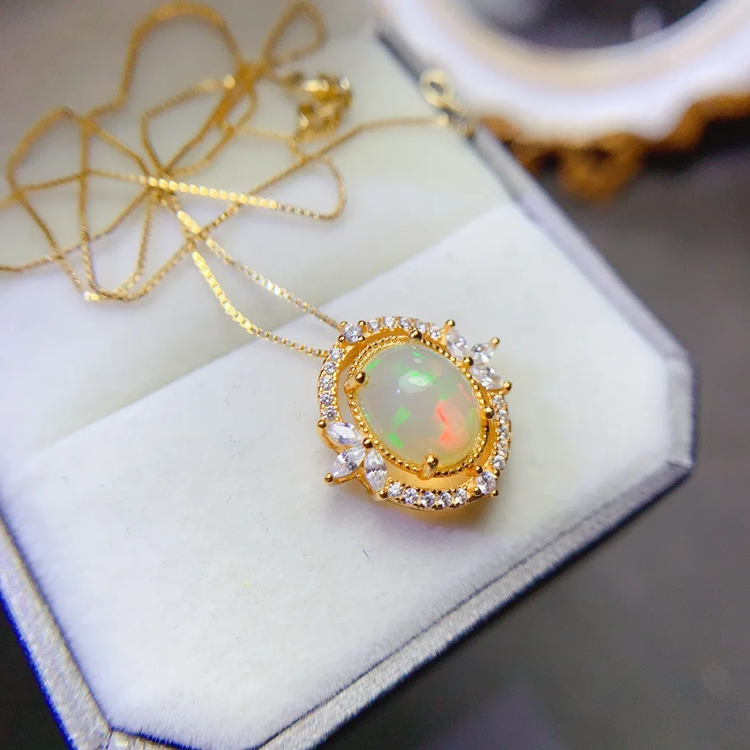 KJJEAXCMY Girl 8x10mm Natural Opal Necklace Pendant 925 Pure Silver Plated Gold Clearance Sale, Gift for Girlfriend Christmas,
