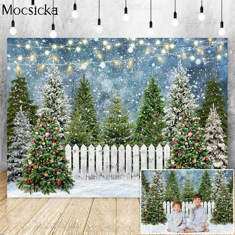 

Winter Landscape Christmas Tree Photography Backdrop Snowflake Light Forest Snow Kids Portrait Background Photo Studio Photocall