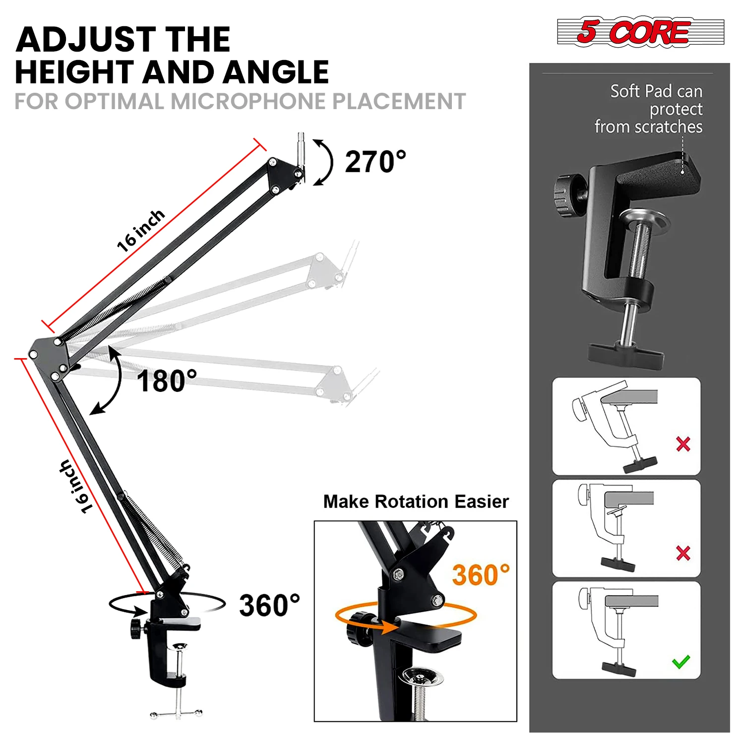 5 Core Microphone Stand Suspension Desk Scissor Boom Arm 16