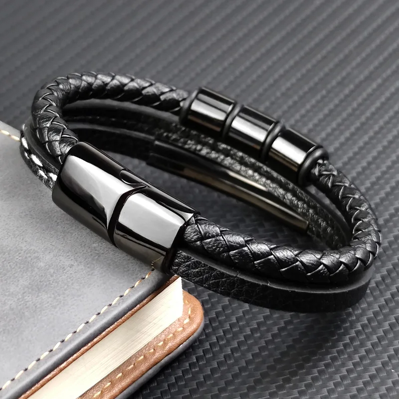Personalized Engrave Mens Leather Rope Bracelet Father\'s Day Gift Christmas Gift For Boyfriend Husband Custom Name with Children