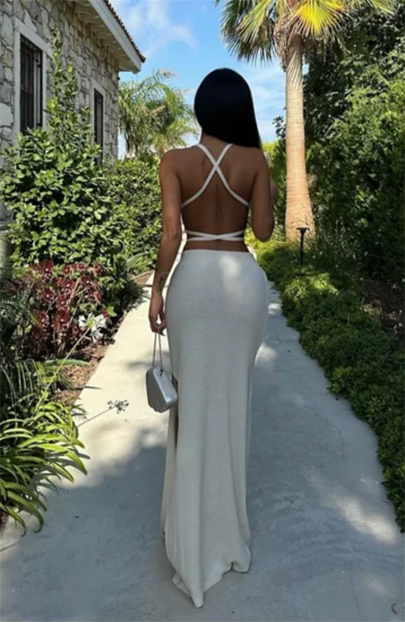 2PC 女性の夏の水着セットロングニットドレスビーチかぎ針編み水着セクシーなネクタイクロップトップブラジャーとサイドスリットスカートビキニカバーアップ