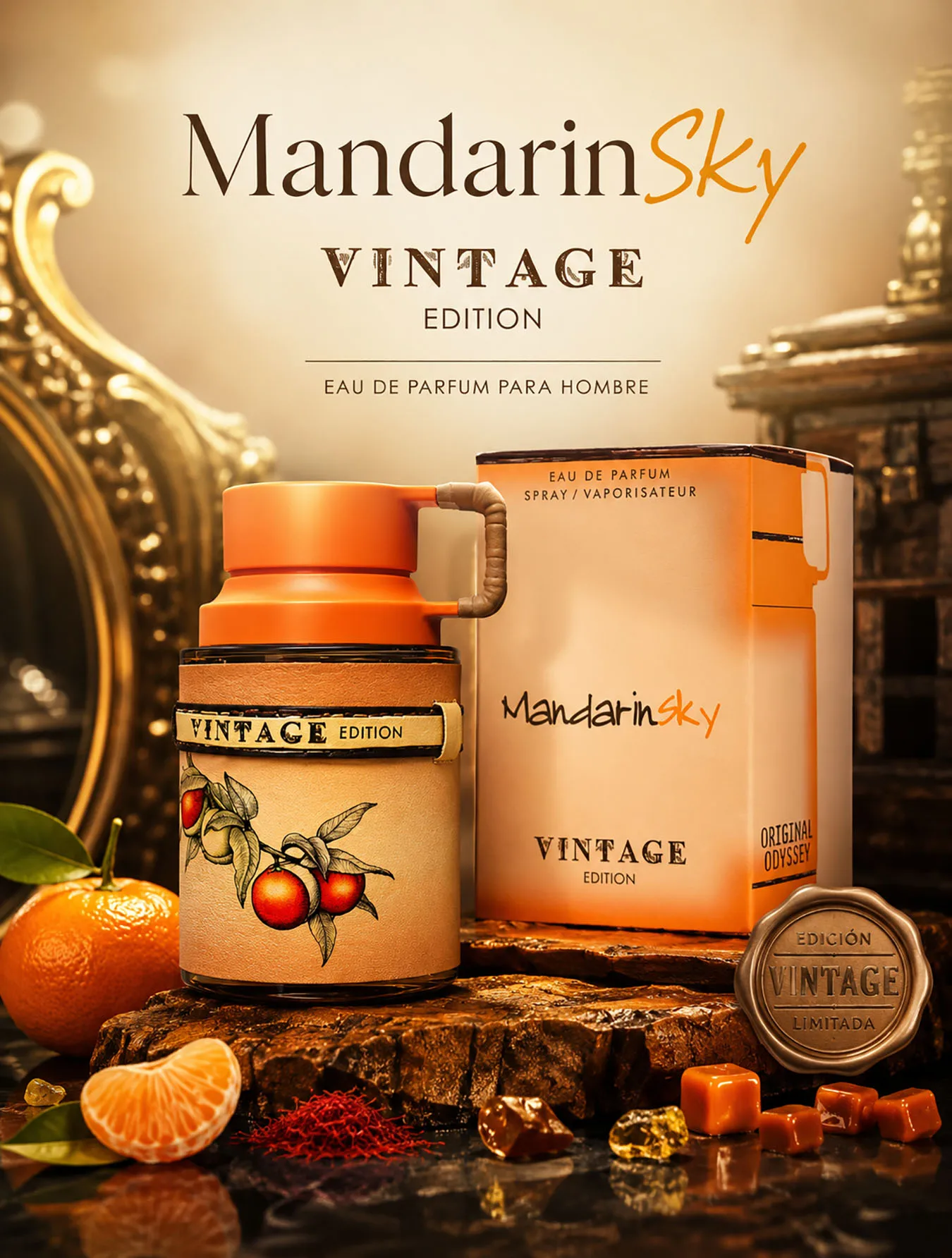 Perfume Hombre Eau de Parfum Cítrico Gourmand con Mandarina, Naranja, Azafrán, Caramelo y Haba Tonka, Aroma Amaderado Ámbar de Larga Duración, Diseño Retro Coleccionable con Tarjeta y Certificado de Producto
