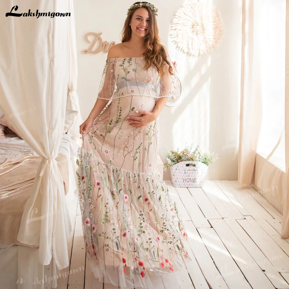

Bohemian Plus Size Maternity Wedding Dress Floral Flower Off-Shoulder Tulle Elegant Dignified Wedding Gown Vestido de novia