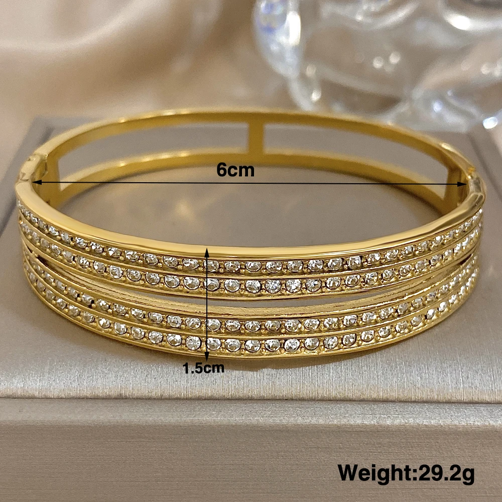 

Freetry Double Layer Full Rhinestone Stainless Steel Spring Bangle for Women Waterproof Round Wide Bracelet Luxury Jewelry Gift