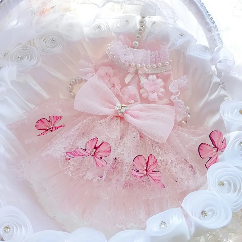 High-end Design Handmade Luxury Dog Dress Pet Clothes So Cute Sweet Pink Fairy Style Soft Lace Tulle Skirt Fur Baby Holiday