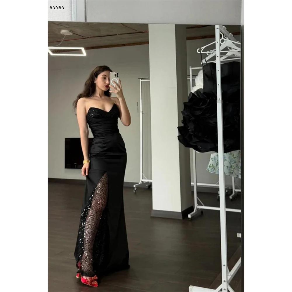 فستان Sansa مخصص بحورية البحر باللون الأسود ورقبة على شكل قلب وترتر لامع للحفلات الراقصة بدون أكمام من Vestidos De Noche بطول الأرض للسهرات الرسمية #1