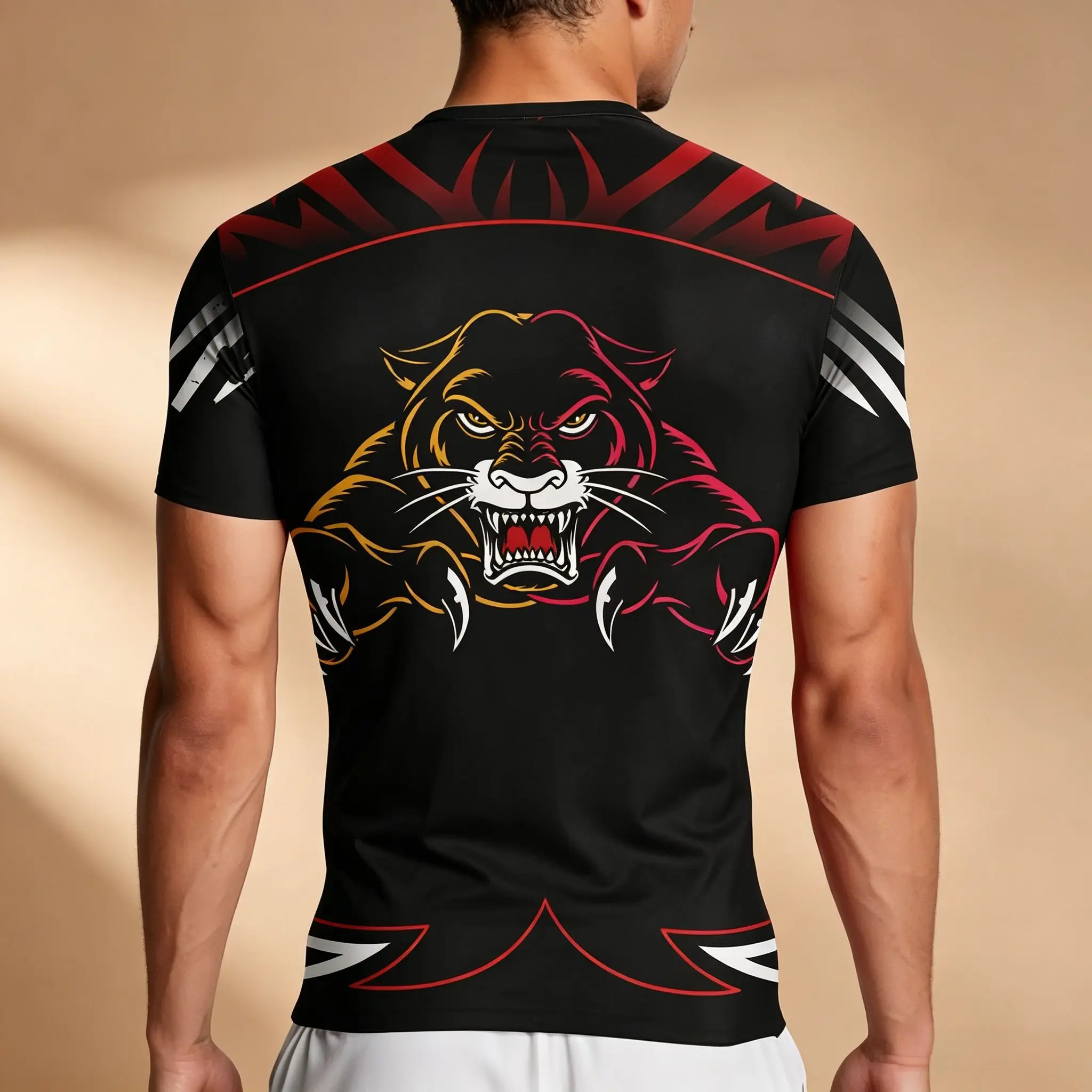 Men's Compression Shirt, Ferocious Panther Graphic Full Sublimation Print Quick Dry Short Sleeve Gym Workout Sports Top