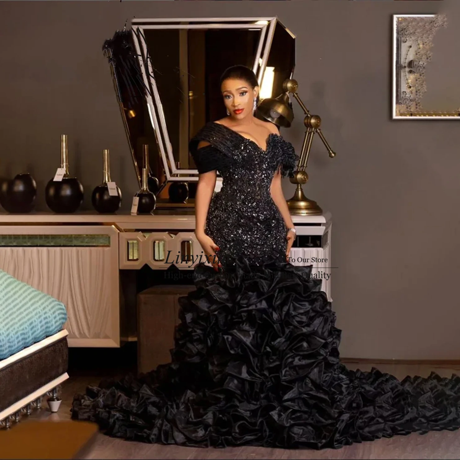 

Aso Ebi O Neck Prom Dresses For Black Girls Beaded Crystal Birthday Evening Party Gwons Luxury Ruffles Court Train Robe De Bal