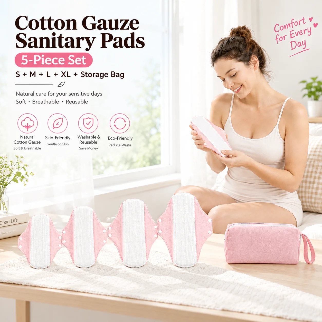 Reusable Cotton Menstrual Pads 5Pcs Set With Storage Bag Absorbent Washable Cloth Sanitary Pads Women Postpartum Period Care