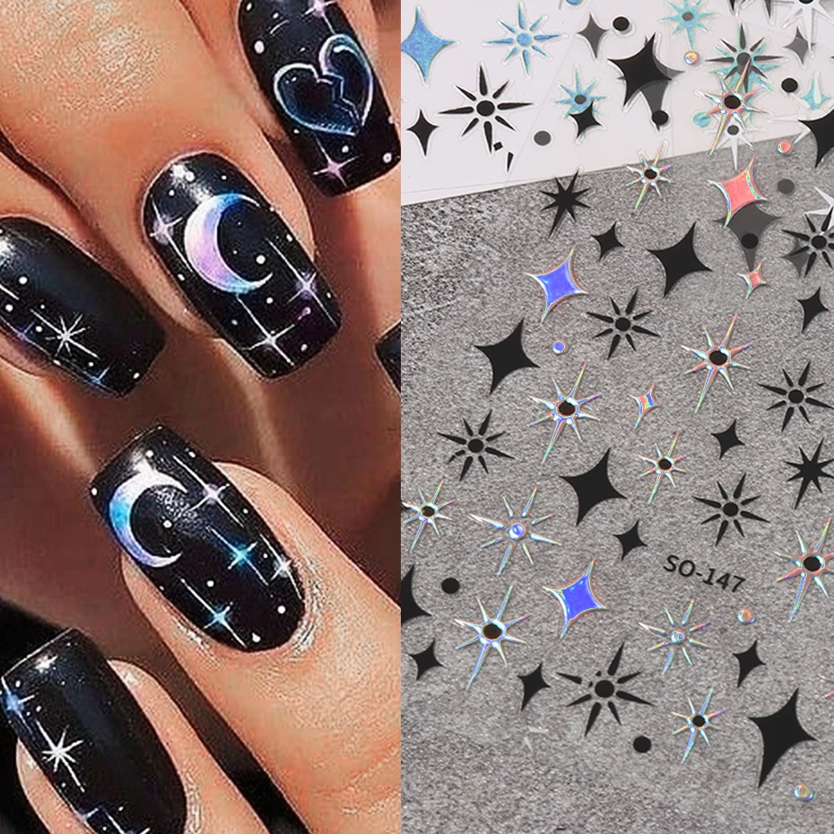 Gold Laser Black White Stars 3D Nail Slider Doji Self-Adhesive Stickers Nail Art Decorations Manicure Accessories Decals LESO147