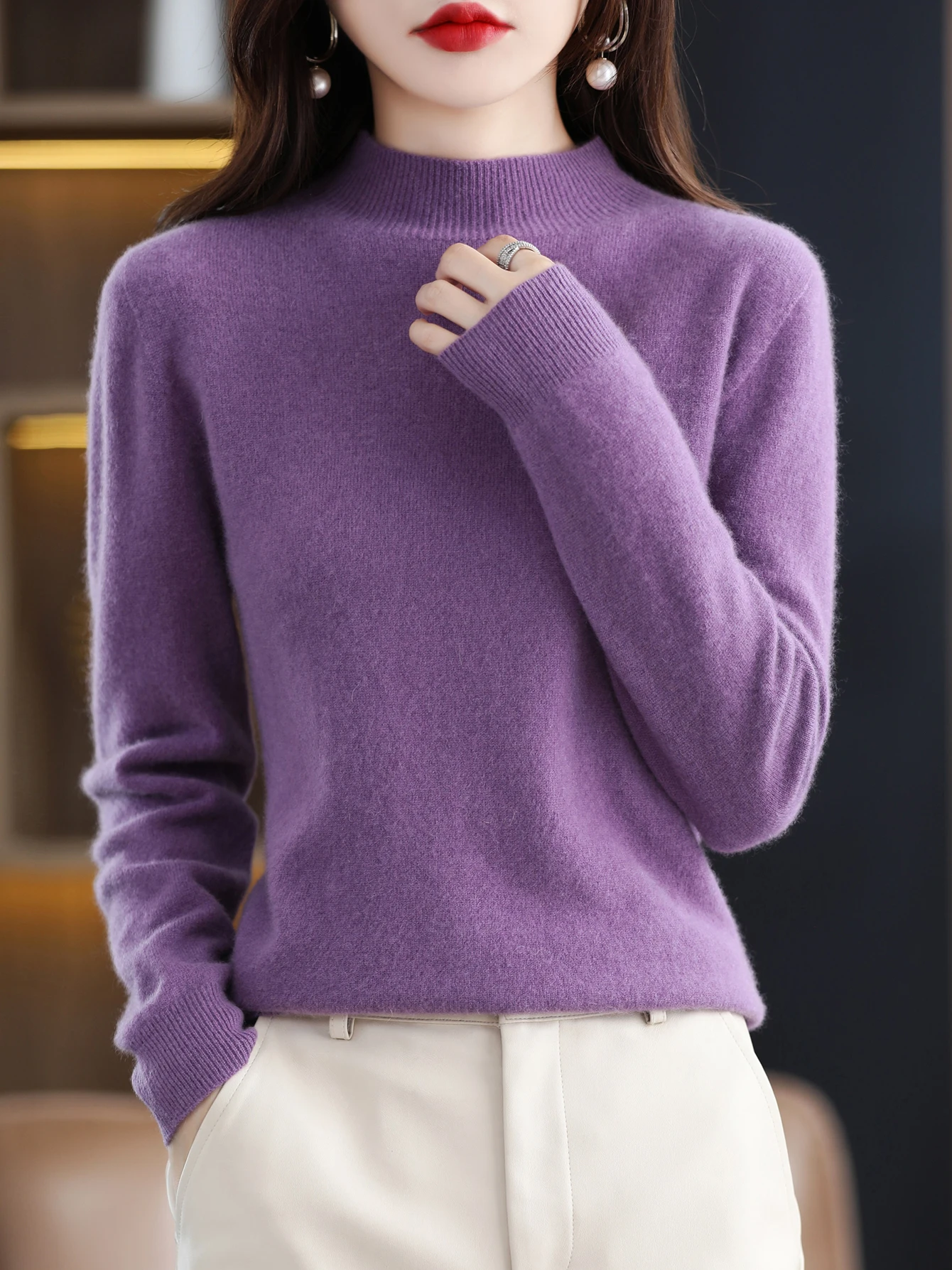 100% Merino Wool Sweater Women Mock Neck Sweater Fall Winter Basic Soft Warm Pullovers Long Sleeve Knit Wool Tops Female Clothes